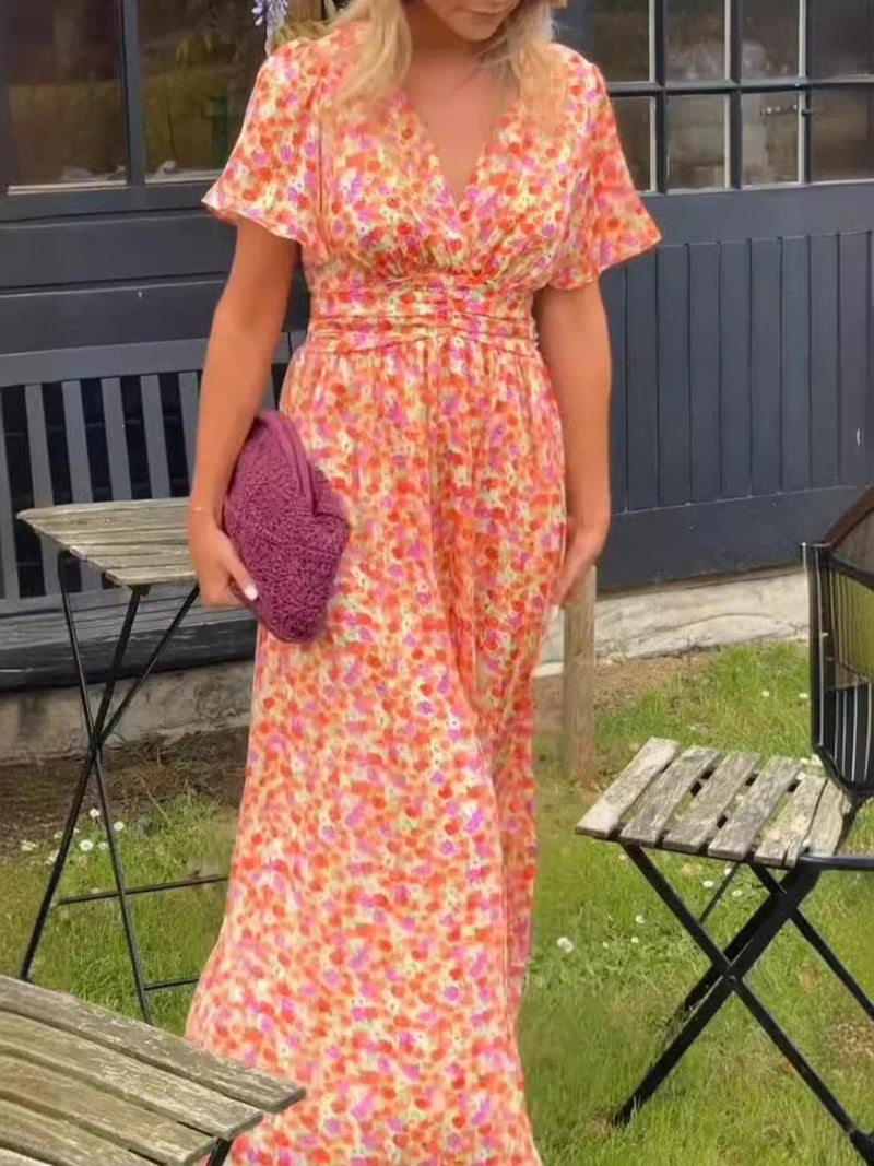 Women&#39;s Elegant V-Neck Maxi Dress With Puff Sleeves