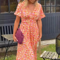 Women&#39;s Elegant V-Neck Maxi Dress With Puff Sleeves