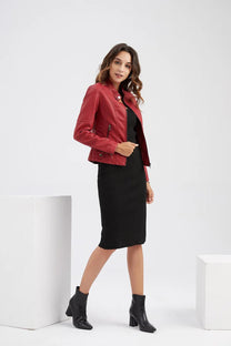 Women&#39;s Fitted Leather Band Collar Jacket