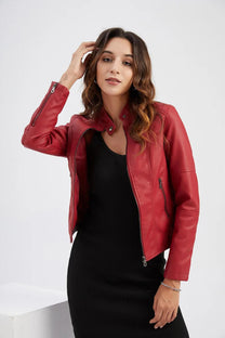 Women&#39;s Fitted Leather Band Collar Jacket