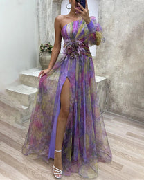 Women&#39;s Floral One-Shoulder Maxi Evening Gown