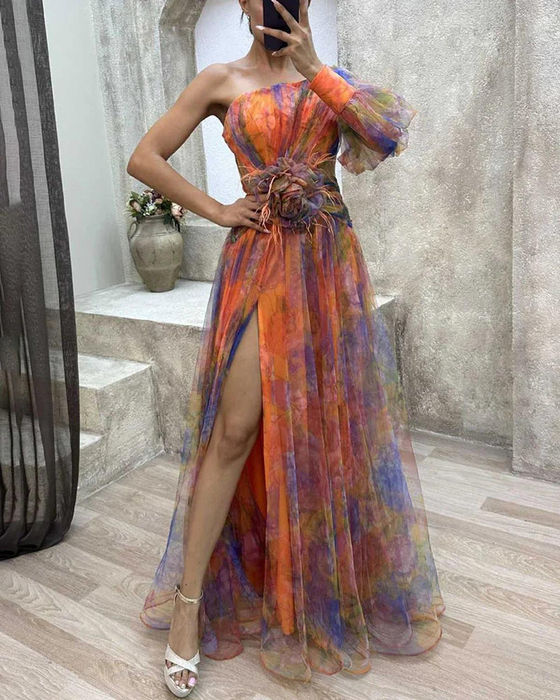 Women&#39;s Floral One-Shoulder Maxi Evening Gown