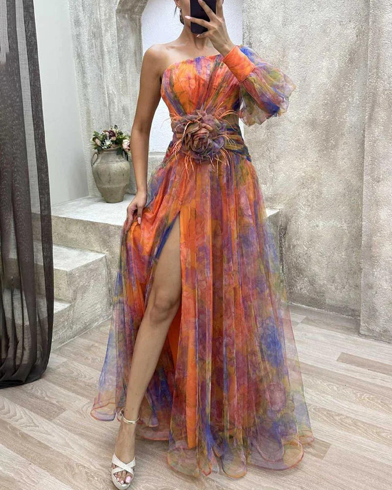 Women&#39;s Floral One-Shoulder Maxi Evening Gown