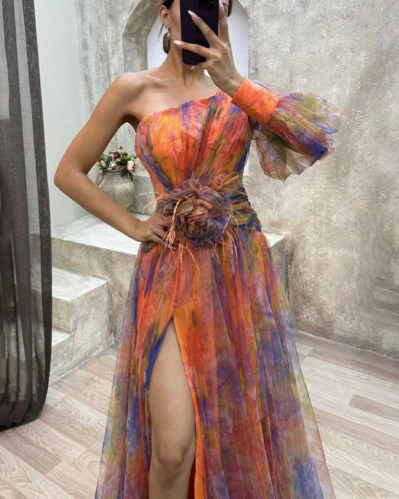 Women&#39;s Floral One-Shoulder Maxi Evening Gown