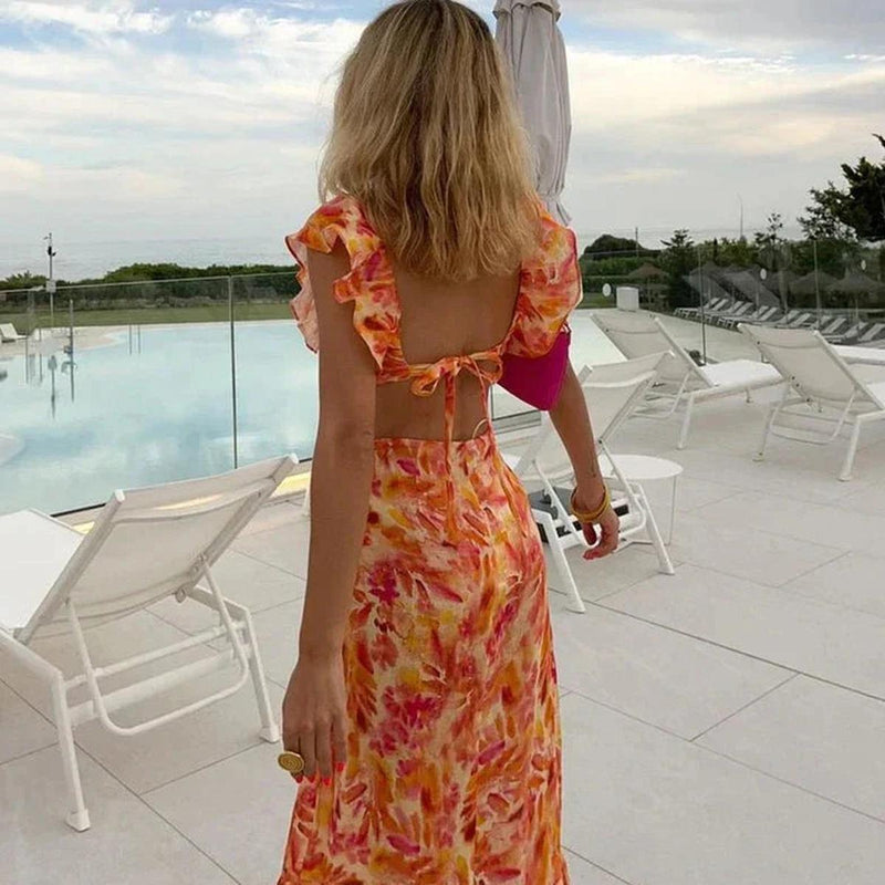 Women&#39;s Floral Ruffled V-Neck Maxi Dress