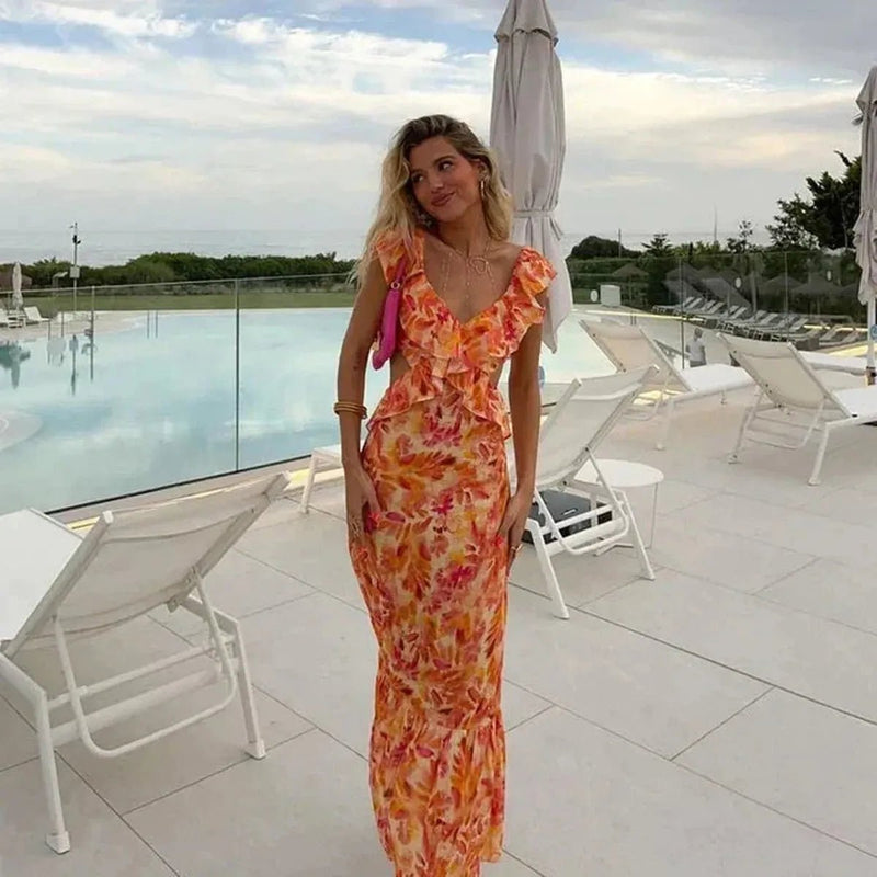Women&#39;s Floral Ruffled V-Neck Maxi Dress
