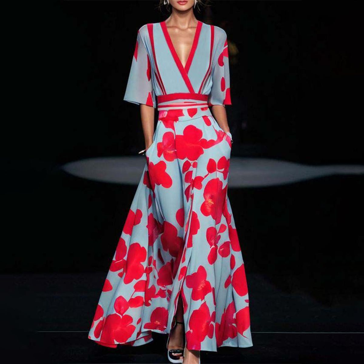 Women&#39;s Floral V-Neck Long Dress With Pockets
