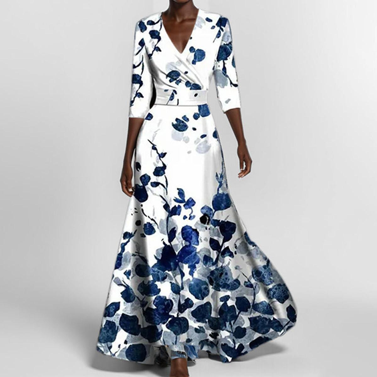 Women&#39;s Floral V-Neck Long Dress With Pockets