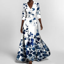 Women&#39;s Floral V-Neck Long Dress With Pockets