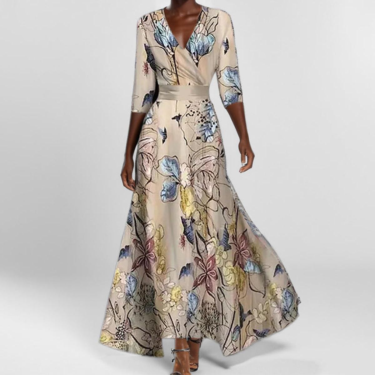 Women&#39;s Floral V-Neck Long Dress With Pockets