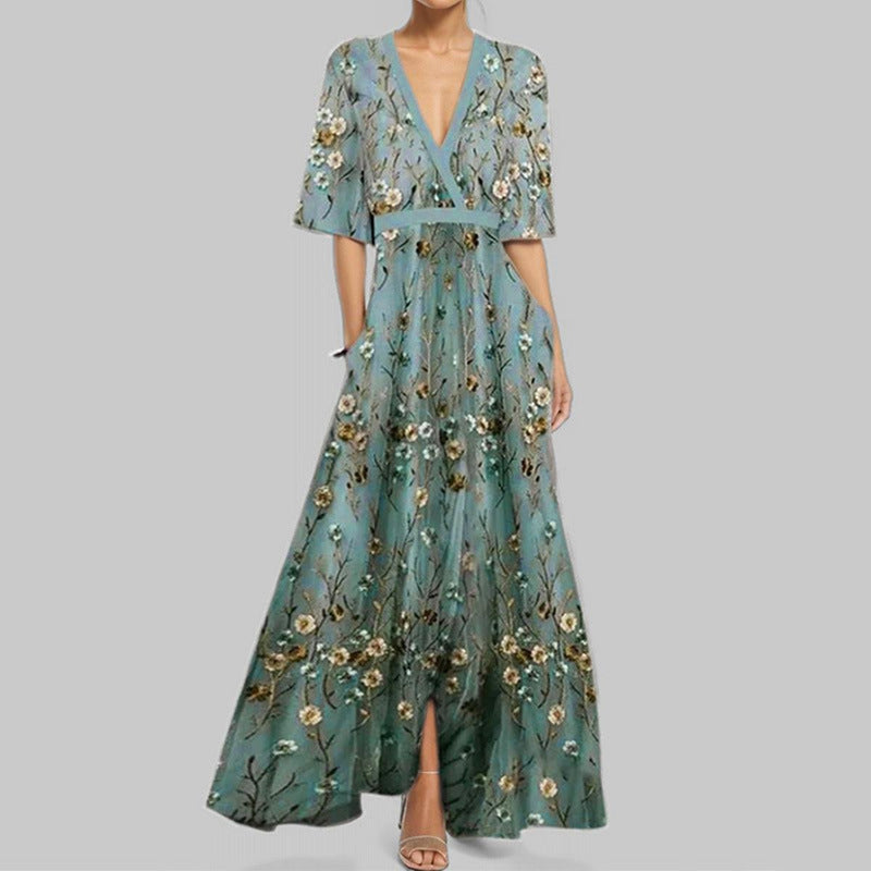 Women&#39;s Floral V-Neck Long Dress With Pockets