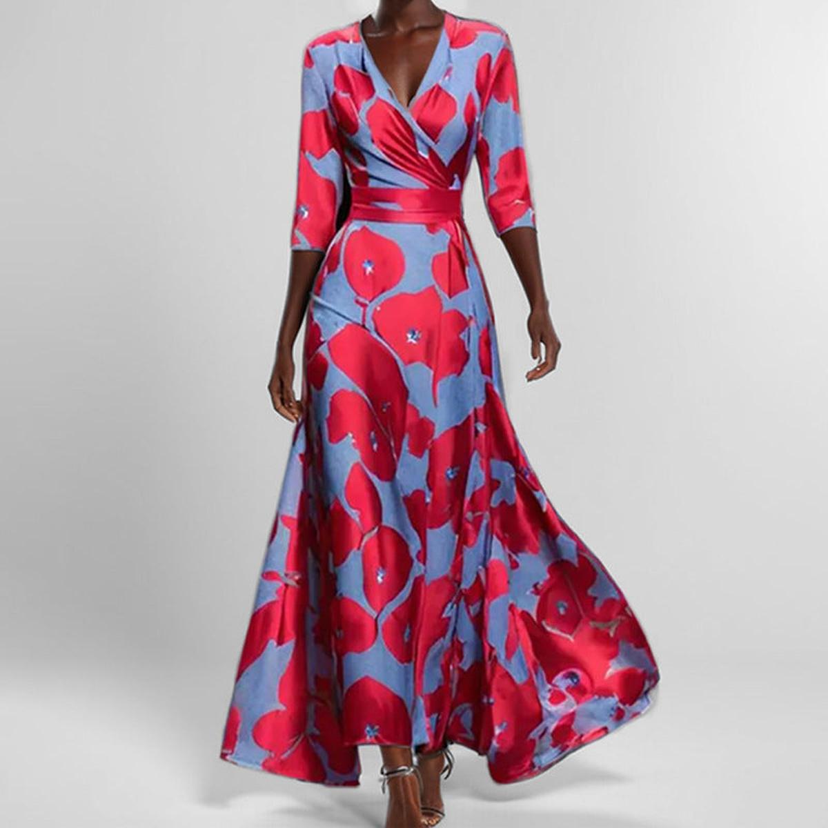 Women&#39;s Floral V-Neck Long Dress With Pockets