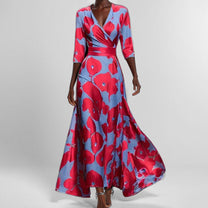 Women&#39;s Floral V-Neck Long Dress With Pockets
