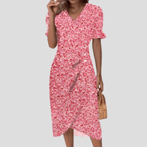 Women&#39;s Floral V-Neck Midi Dress With Puff Sleeves