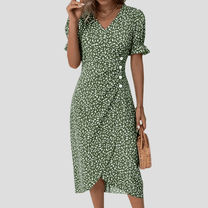 Women&#39;s Floral V-Neck Midi Dress With Puff Sleeves