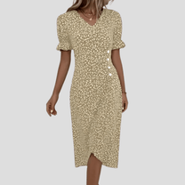 Women&#39;s Floral V-Neck Midi Dress With Puff Sleeves