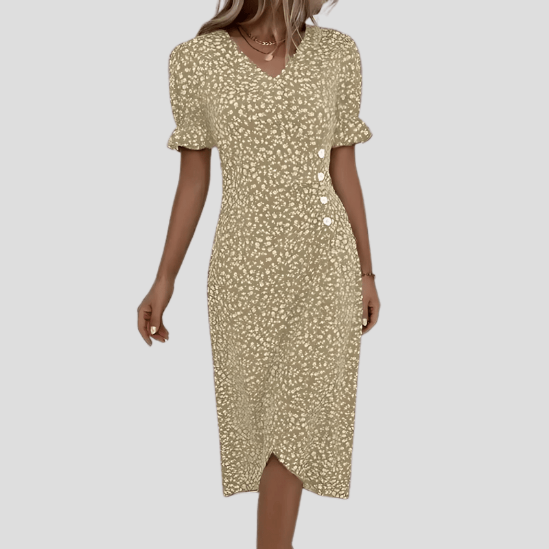 Women&#39;s Floral V-Neck Midi Dress With Puff Sleeves