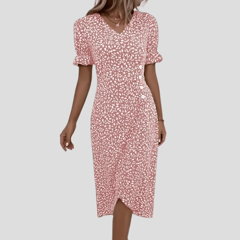 Women&#39;s Floral V-Neck Midi Dress With Puff Sleeves