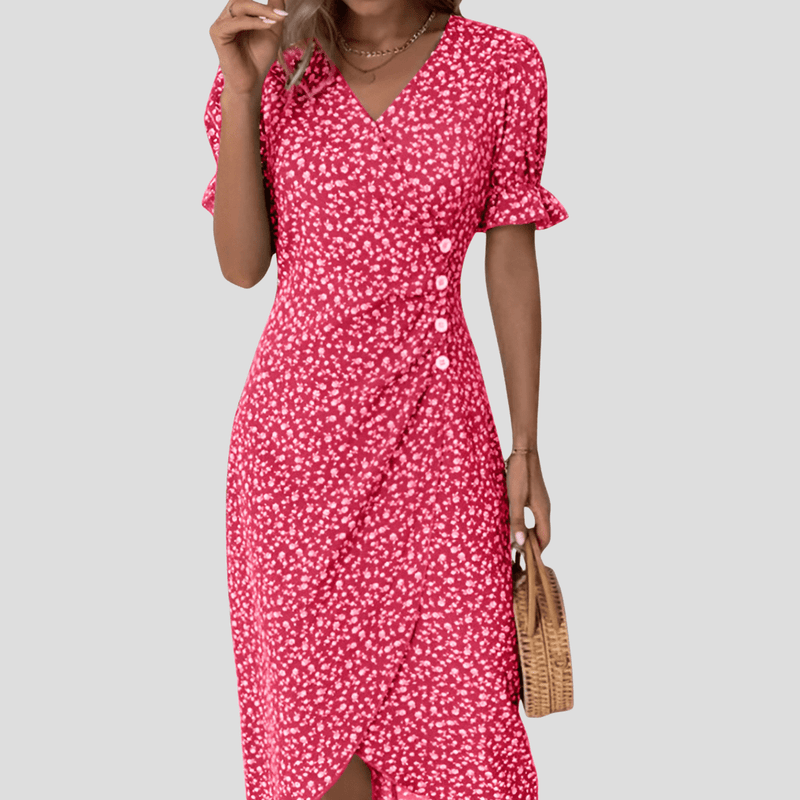 Women&#39;s Floral V-Neck Midi Dress With Puff Sleeves