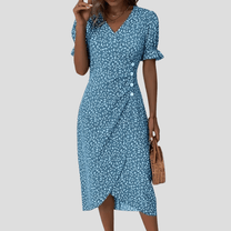 Women&#39;s Floral V-Neck Midi Dress With Puff Sleeves