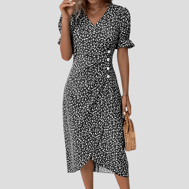 Women&#39;s Floral V-Neck Midi Dress With Puff Sleeves