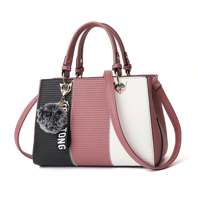 Women&#39;s Handbag With Hairball Embellishments And Patchwork Design