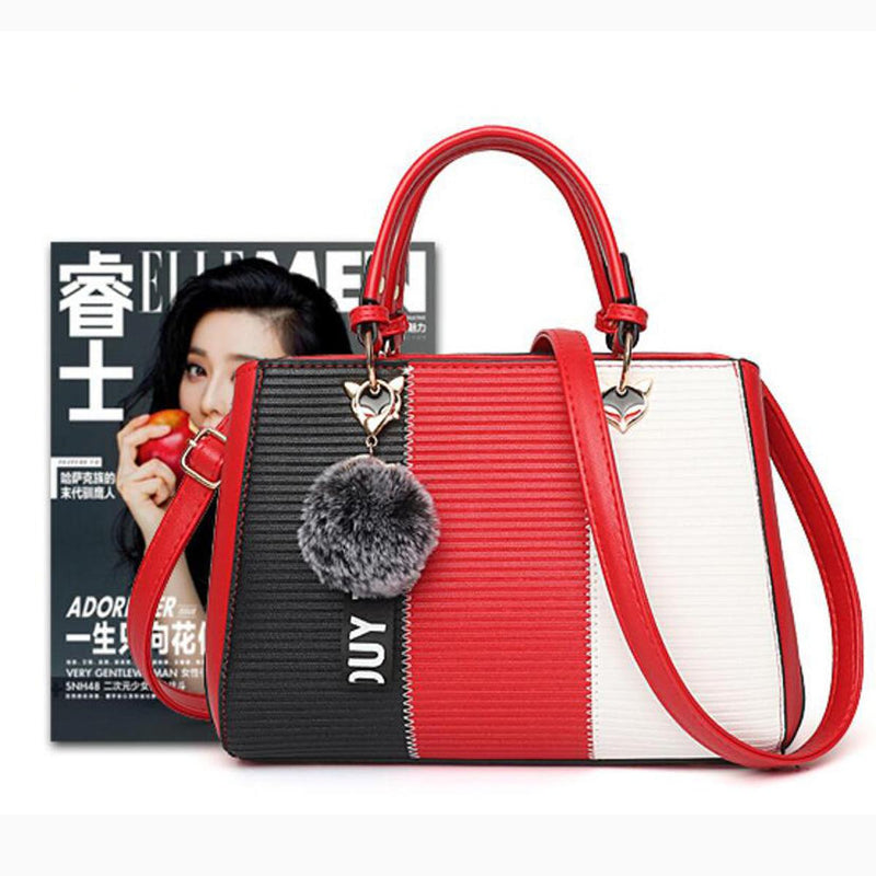 Women&#39;s Handbag With Hairball Embellishments And Patchwork Design