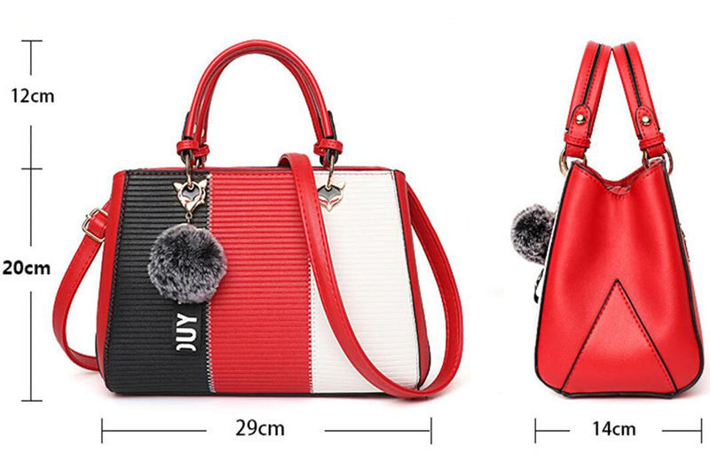 Women&#39;s Handbag With Hairball Embellishments And Patchwork Design