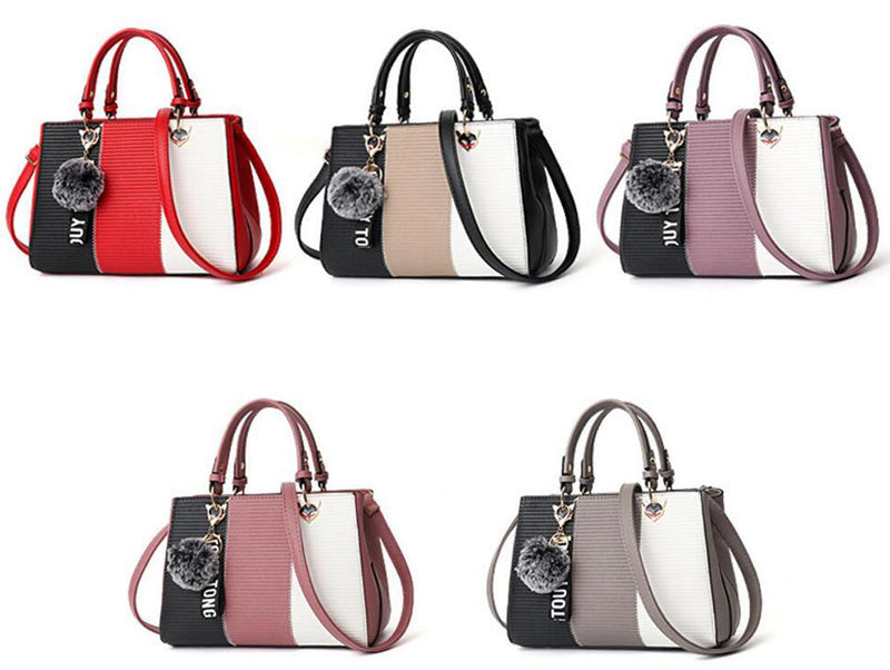 Women&#39;s Handbag With Hairball Embellishments And Patchwork Design