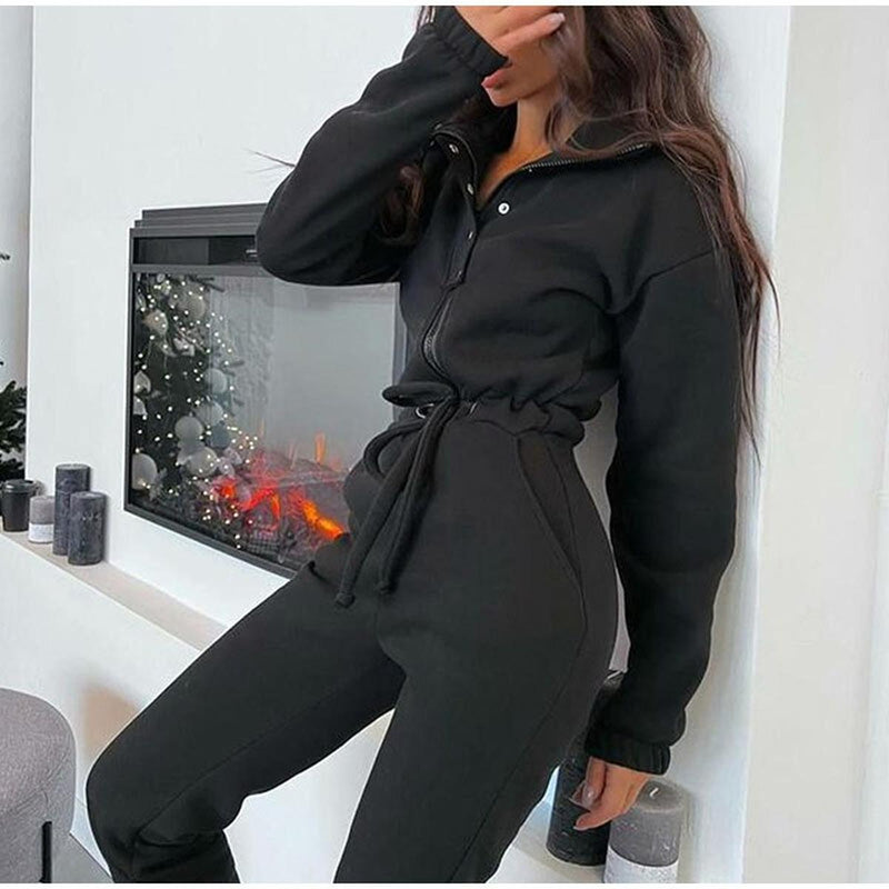 Women&#39;s High-Collar Tracksuit With Zippered Jacket And Elastic Waistband