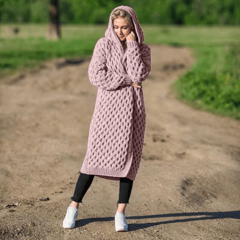 Women&#39;s Hooded Long Cardigan With Adjustable Closure