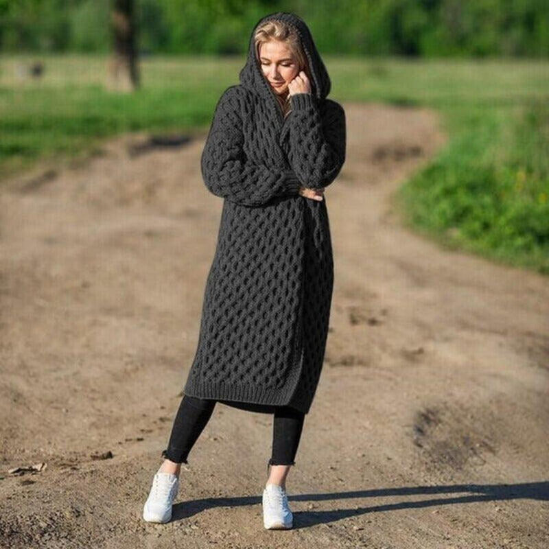 Women&#39;s Hooded Long Cardigan With Adjustable Closure