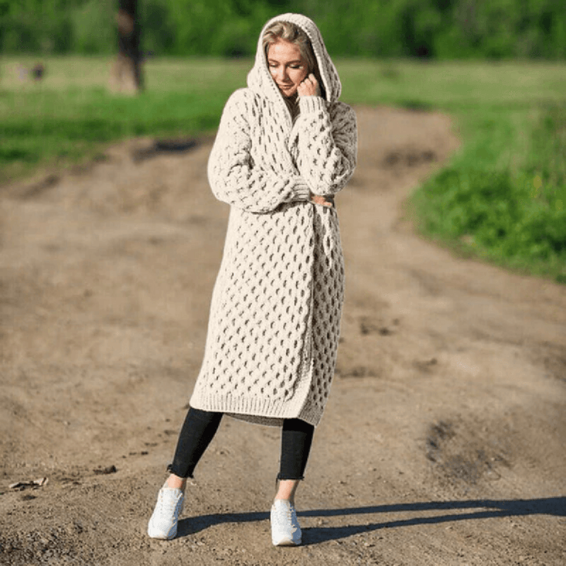 Women&#39;s Hooded Long Cardigan With Adjustable Closure