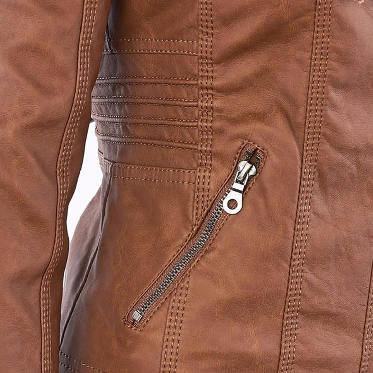 Women&#39;s Hooded PU Leather Jacket With Zipper
