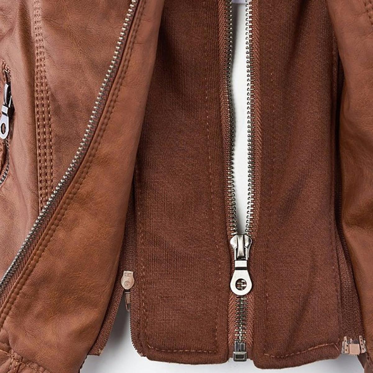 Women&#39;s Hooded PU Leather Jacket With Zipper