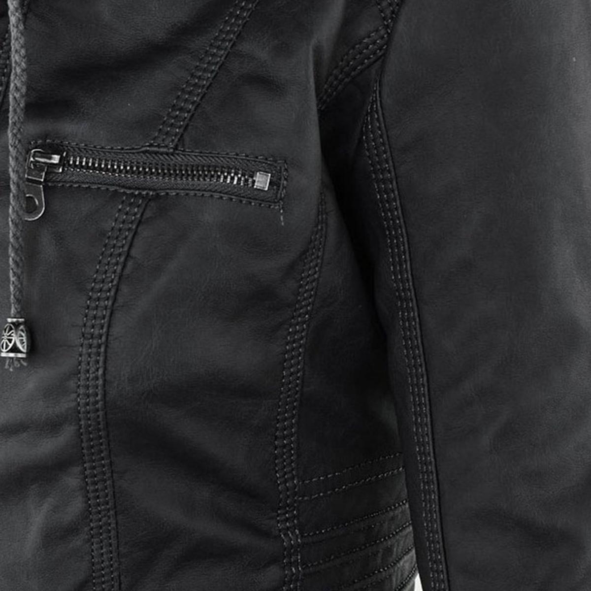 Women&#39;s Hooded PU Leather Jacket With Zipper