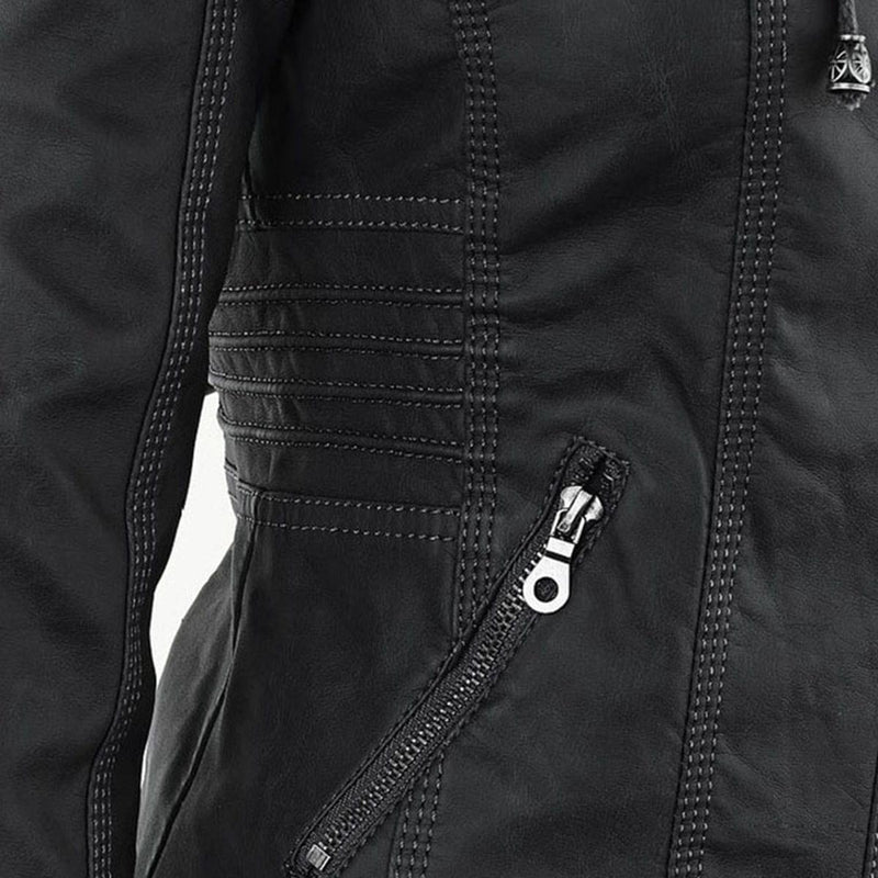 Women&#39;s Hooded PU Leather Jacket With Zipper