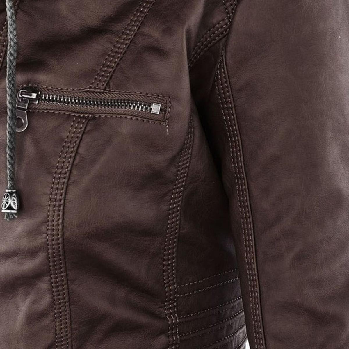 Women&#39;s Hooded PU Leather Jacket With Zipper