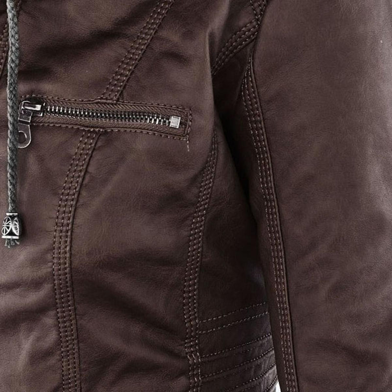 Women&#39;s Hooded PU Leather Jacket With Zipper
