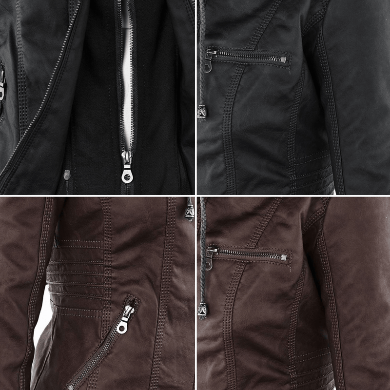 Women&#39;s Hooded PU Leather Jacket With Zipper