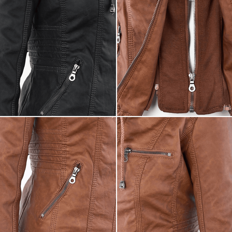 Women&#39;s Hooded PU Leather Jacket With Zipper
