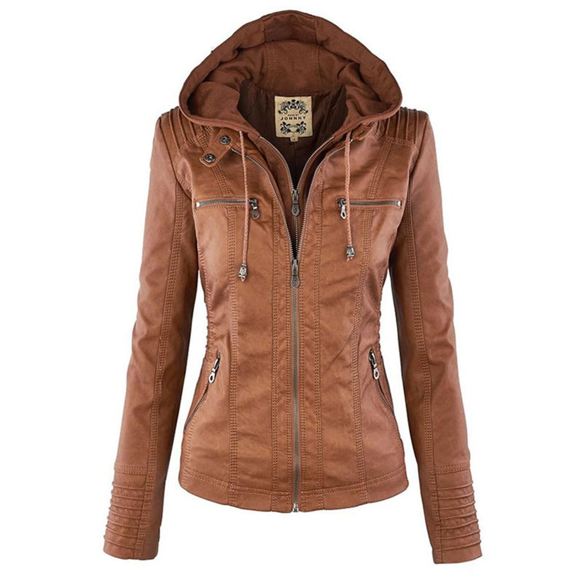 Women&#39;s Hooded PU Leather Jacket With Zipper
