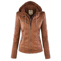 Women&#39;s Hooded PU Leather Jacket With Zipper
