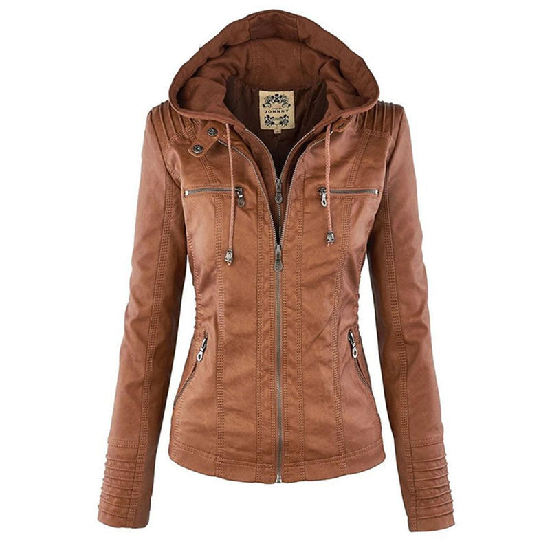 Women&#39;s Hooded PU Leather Jacket With Zipper