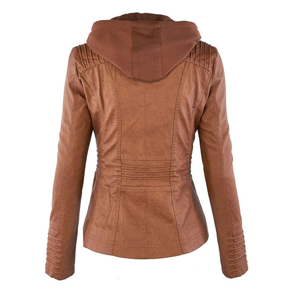 Women&#39;s Hooded PU Leather Jacket With Zipper
