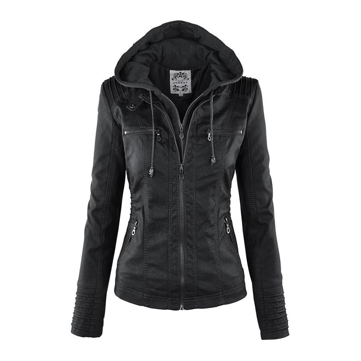 Women&#39;s Hooded PU Leather Jacket With Zipper