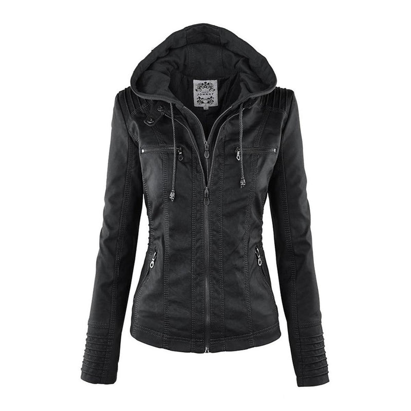 Women&#39;s Hooded PU Leather Jacket With Zipper