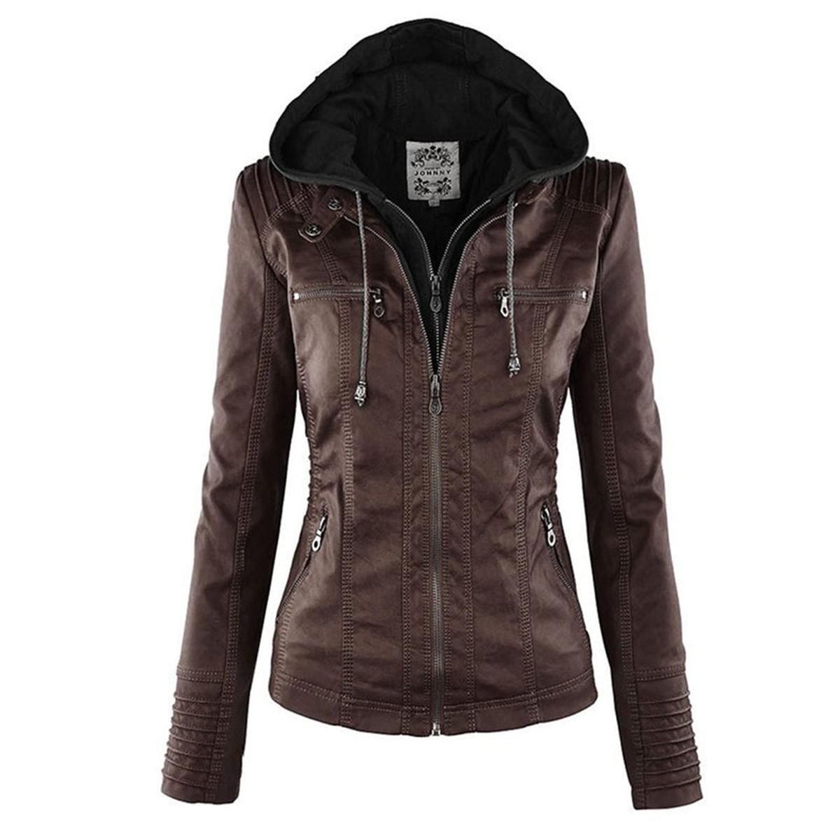 Women&#39;s Hooded PU Leather Jacket With Zipper