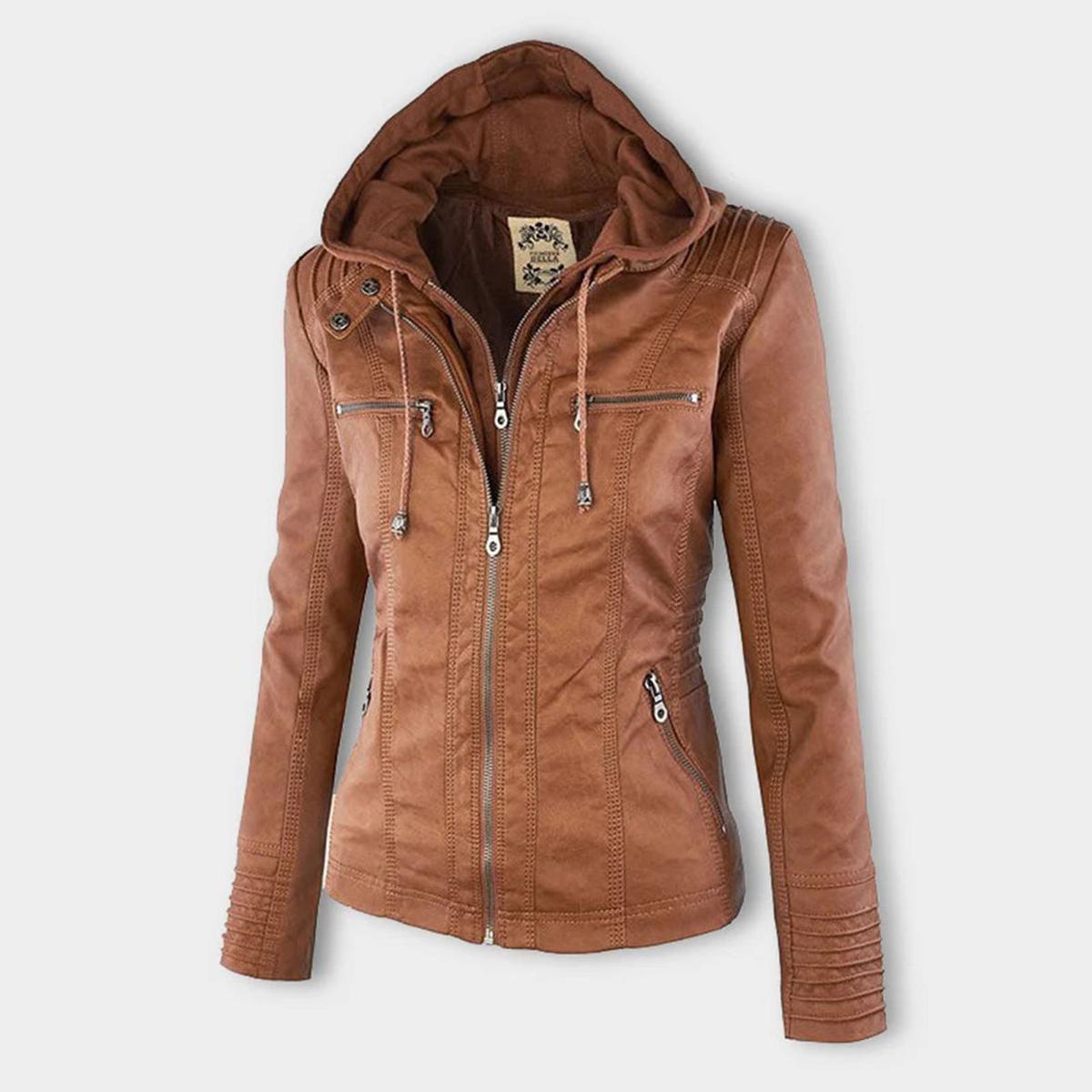 Women&#39;s Hooded PU Leather Jacket With Zipper