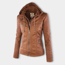 Women&#39;s Hooded PU Leather Jacket With Zipper